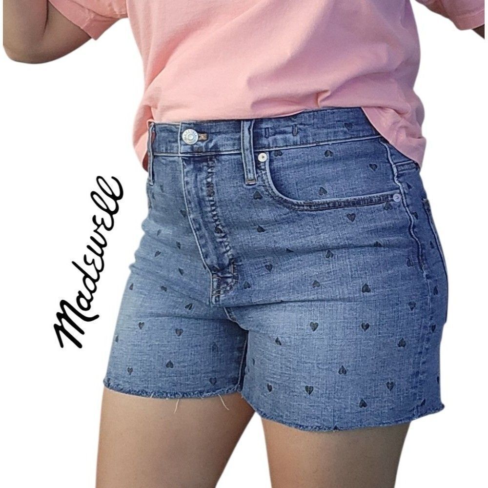 Madewell Women's Blue Denim Shorts High-Rise Heart Printed Fray Hem Size 30 (M)